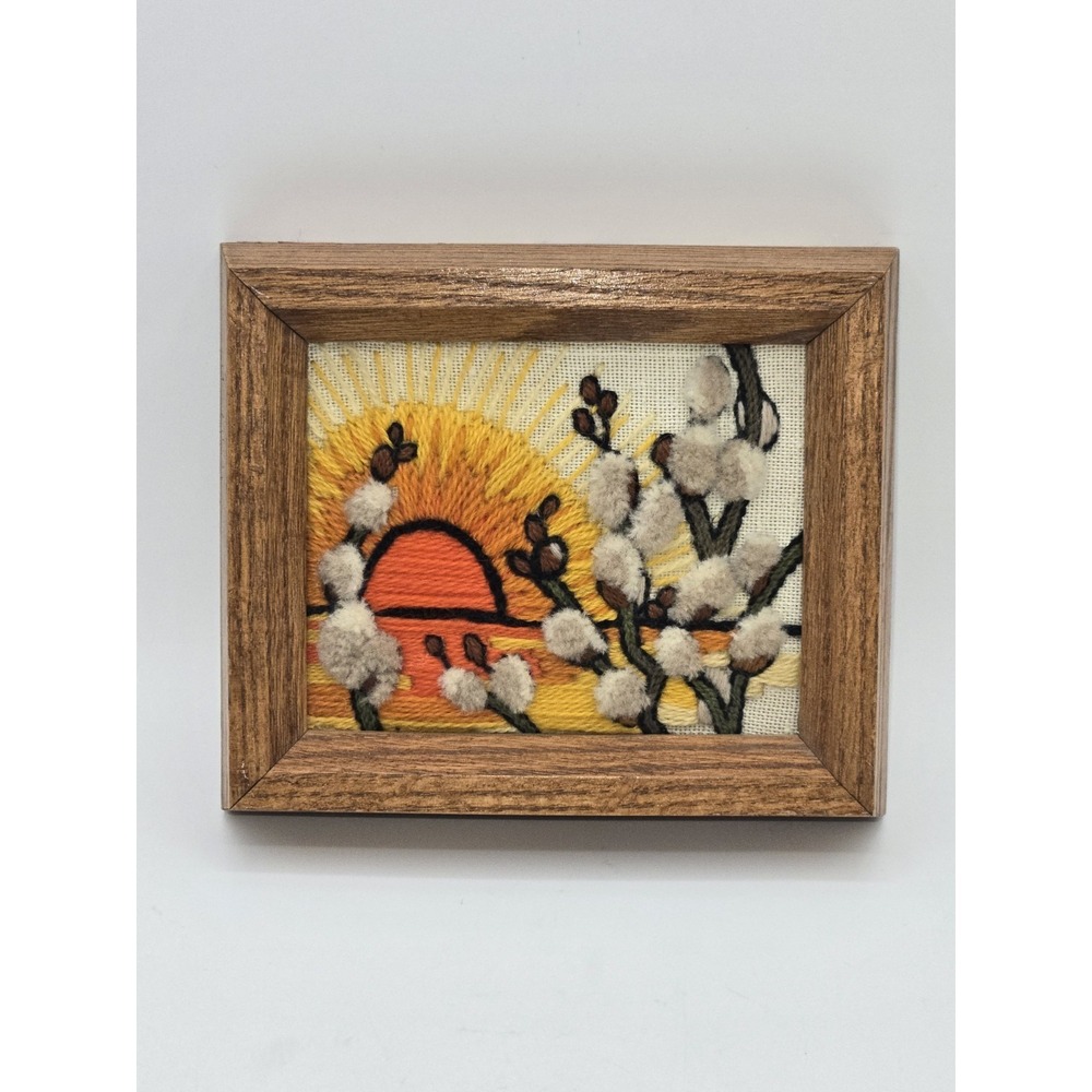 Vintage Framed Needlepoint Sunset Wall Art Puffy Chenille Willow Trees